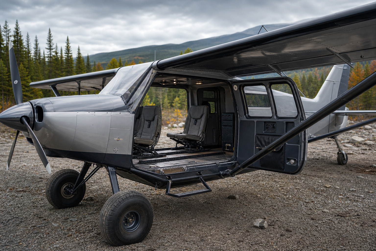 Photorealistic concept rendering of a rugged single-engine bush plane with a modular cabin interior, fold-flat utility seating, and cargo rails on a gravel strip in northern Canada
