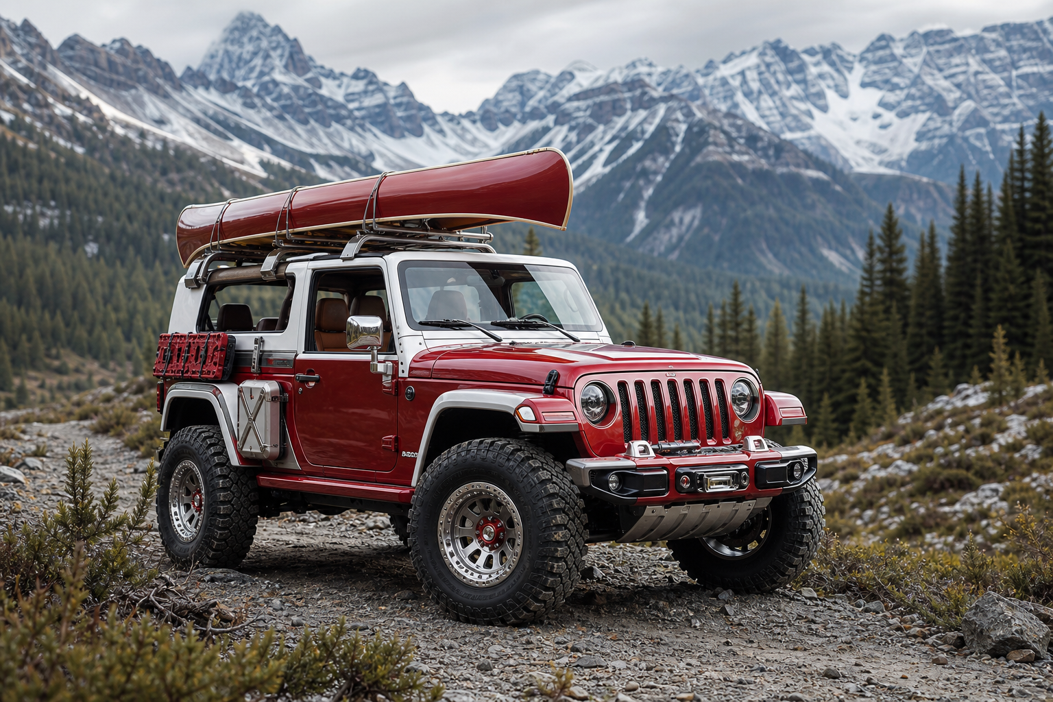 Photoreal heritage red and white compact trail concept with removable roof panels, side-mounted recovery kit, canoe cradle, and aluminum accents beside an alpine gravel route