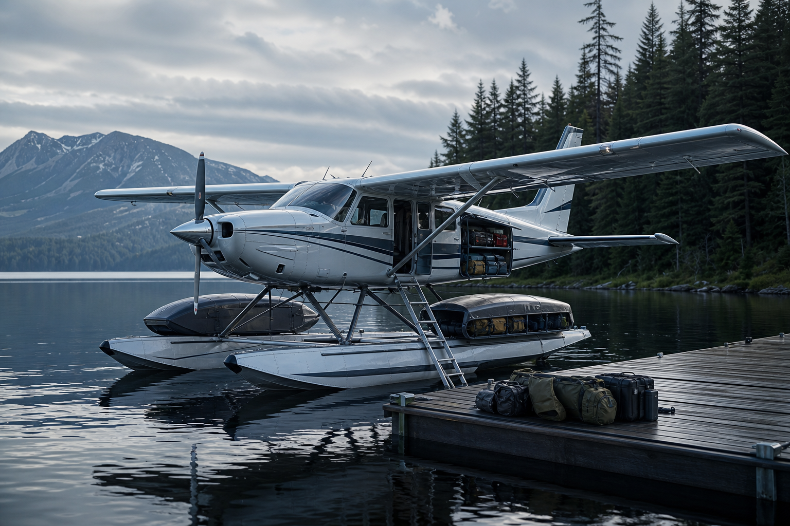 Photorealistic concept rendering of a premium floatplane on a remote Canadian lake with an expedition loadout system, external gear pods, and balanced payload compartments