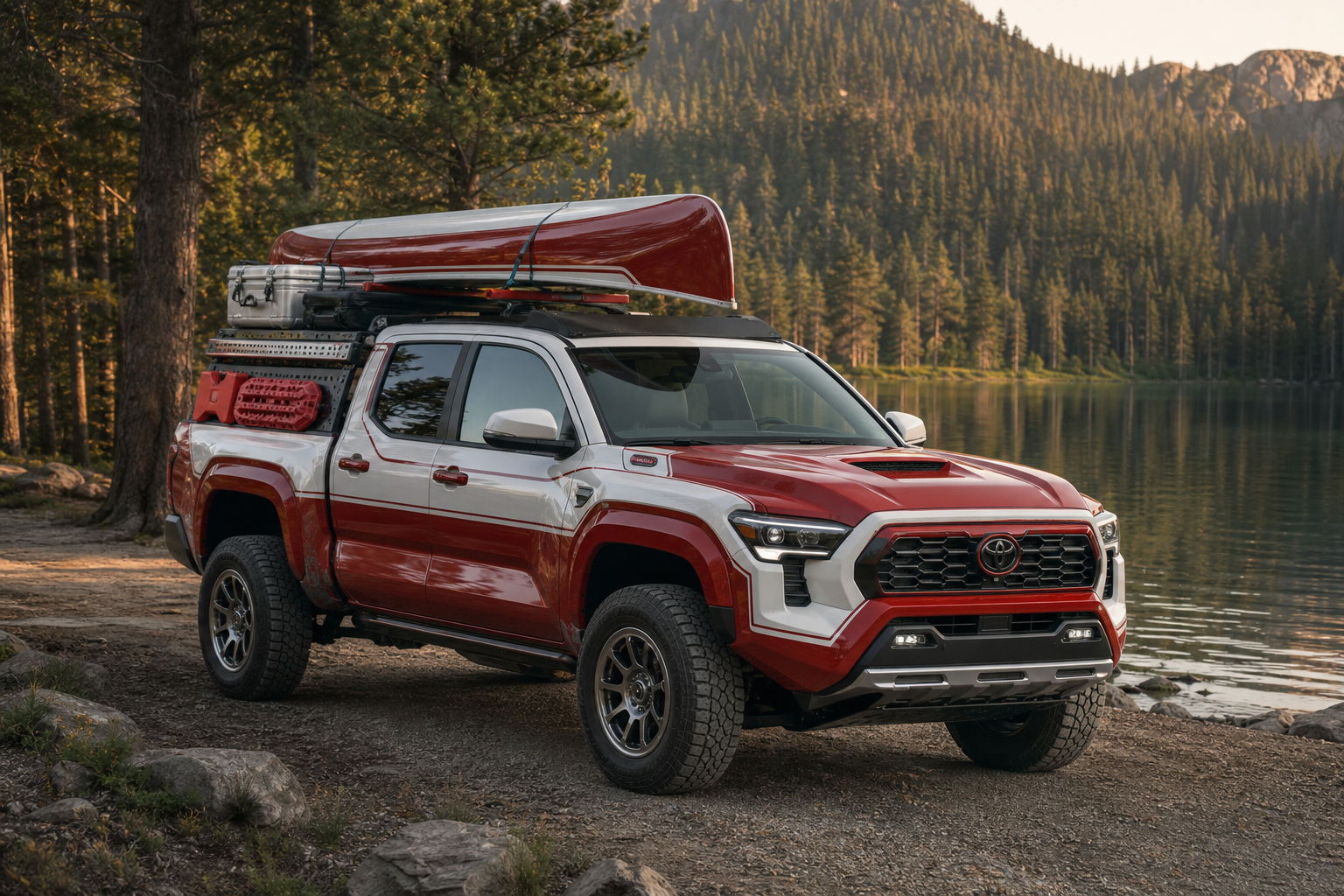 Photoreal heritage red and white midsize technical pickup concept with compact canoe rack, modular drawer system, overland tent, and brushed aluminum trim near a forest lakeshore