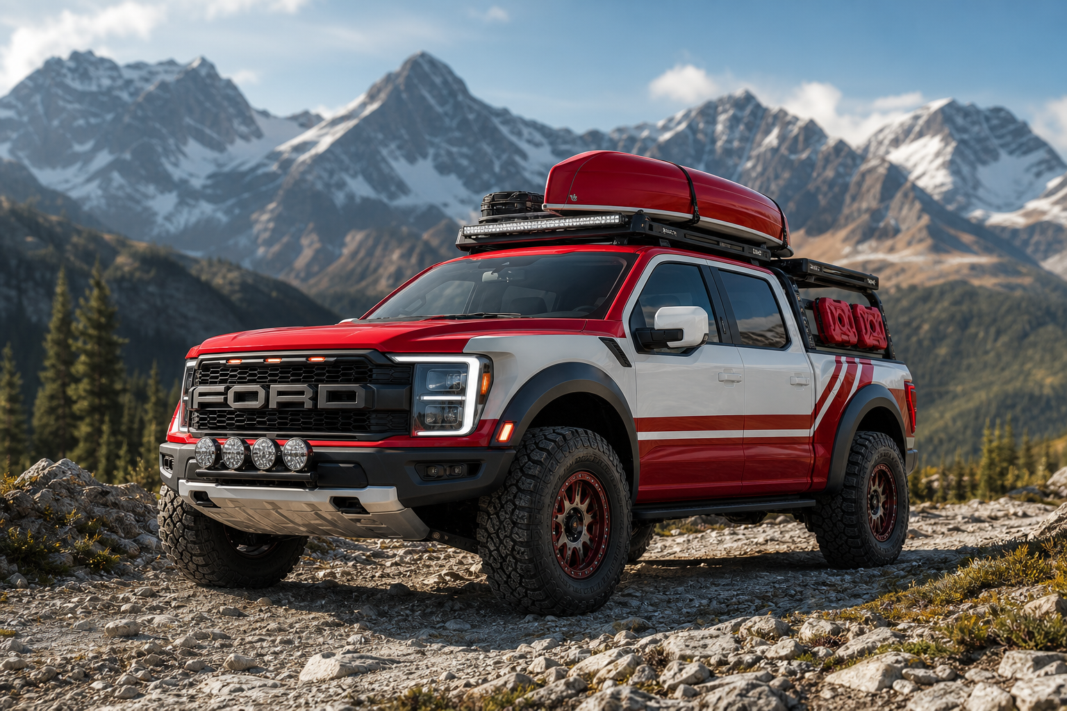 Photoreal heritage red and white high-performance desert-ready expedition truck concept with canoe-ready roof system, widened stance, aluminum armor, and aggressive off-road lighting on a rocky alpine route