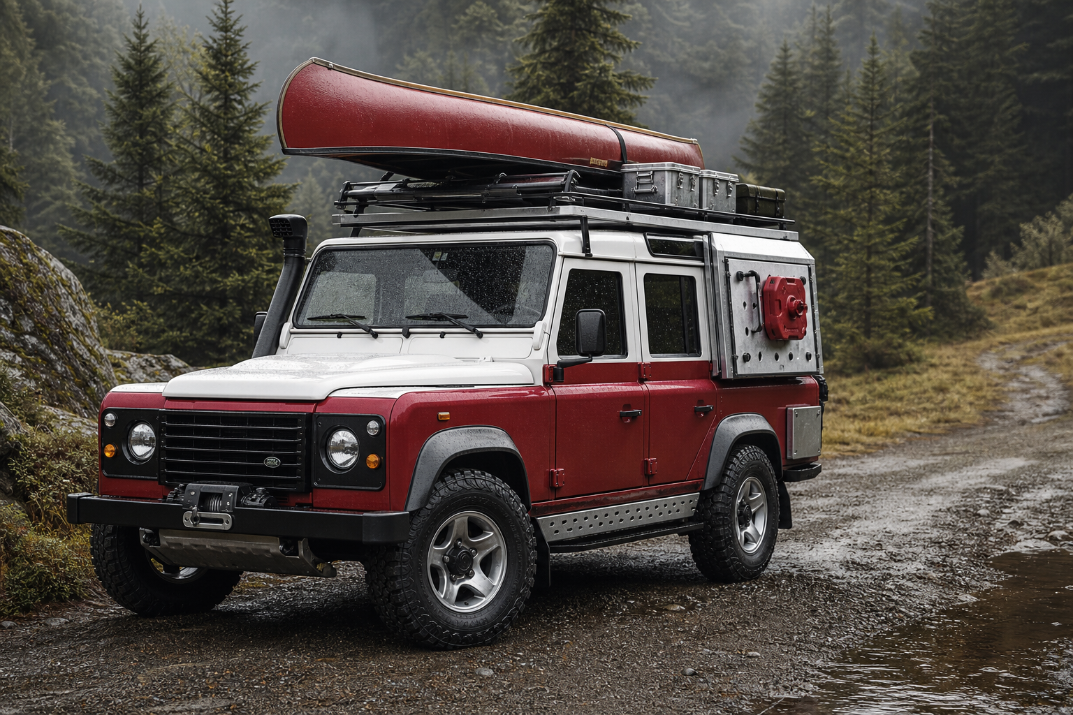 Photoreal heritage red and white expedition utility 4x4 with canoe on roof rack, modular overland gear, and aluminum trim on a misty Canadian forest road