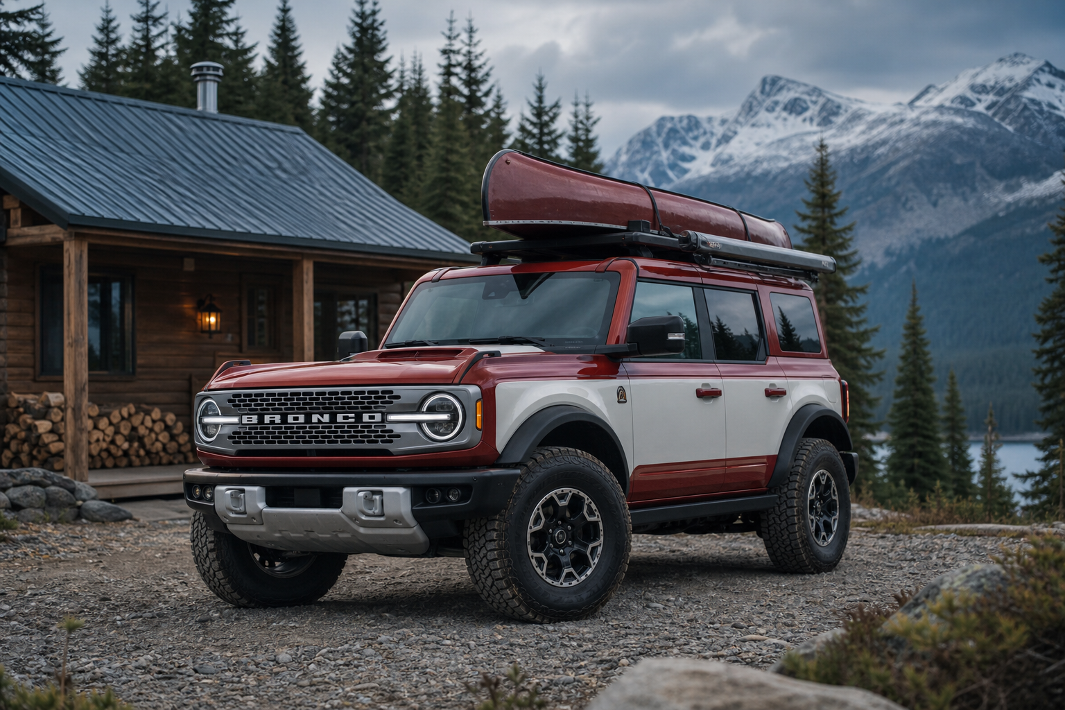 Photoreal heritage red and white midsize expedition SUV concept with raised roof platform, integrated side awning, canoe carrier, and brushed aluminum details near a remote cabin