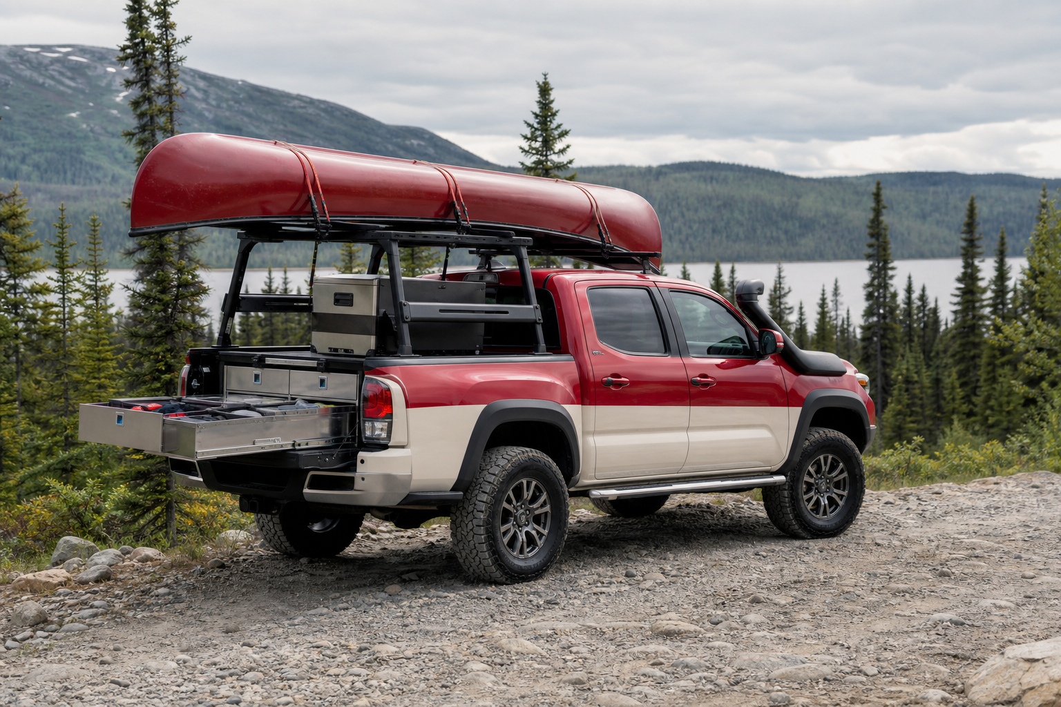 Photoreal heritage red and white off-road pickup concept with canoe transport rig, bed-mounted cargo systems, camping hardware, and polished aluminum accents on a northern gravel track