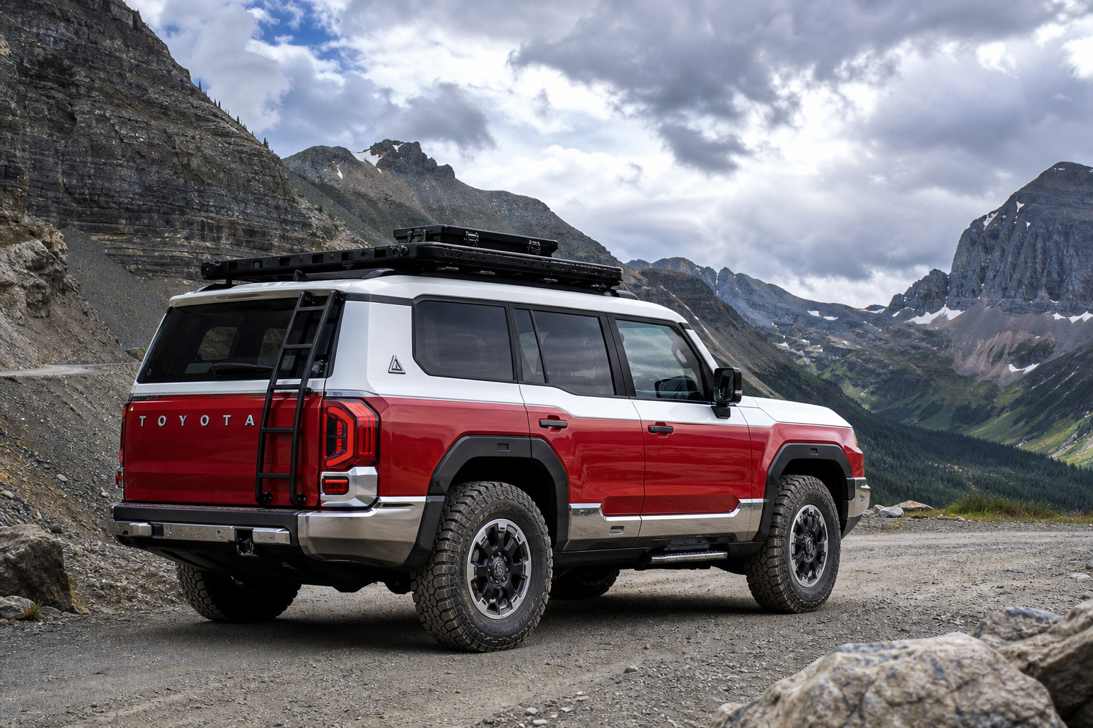 Photoreal heritage red and white full-size overland wagon concept with expedition roof system, rear ladder, canoe support rails, and premium off-road tires on a mountain pass