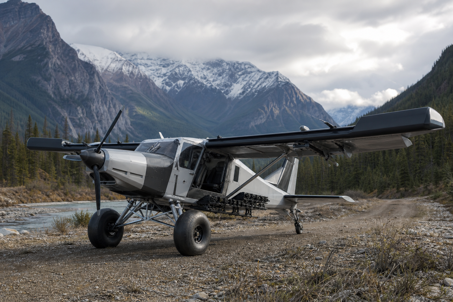 Photorealistic concept rendering of a short takeoff and landing utility aircraft with oversized tundra tires, reinforced wing devices, and remote strip equipment in a Canadian mountain valley