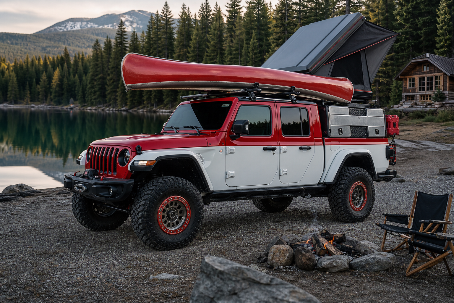 Photoreal heritage red and white crew-cab expedition truck concept with canoe-mounted rack, hard-shell rooftop tent, utility bed modules, and aluminum skid styling at a lakeside camp