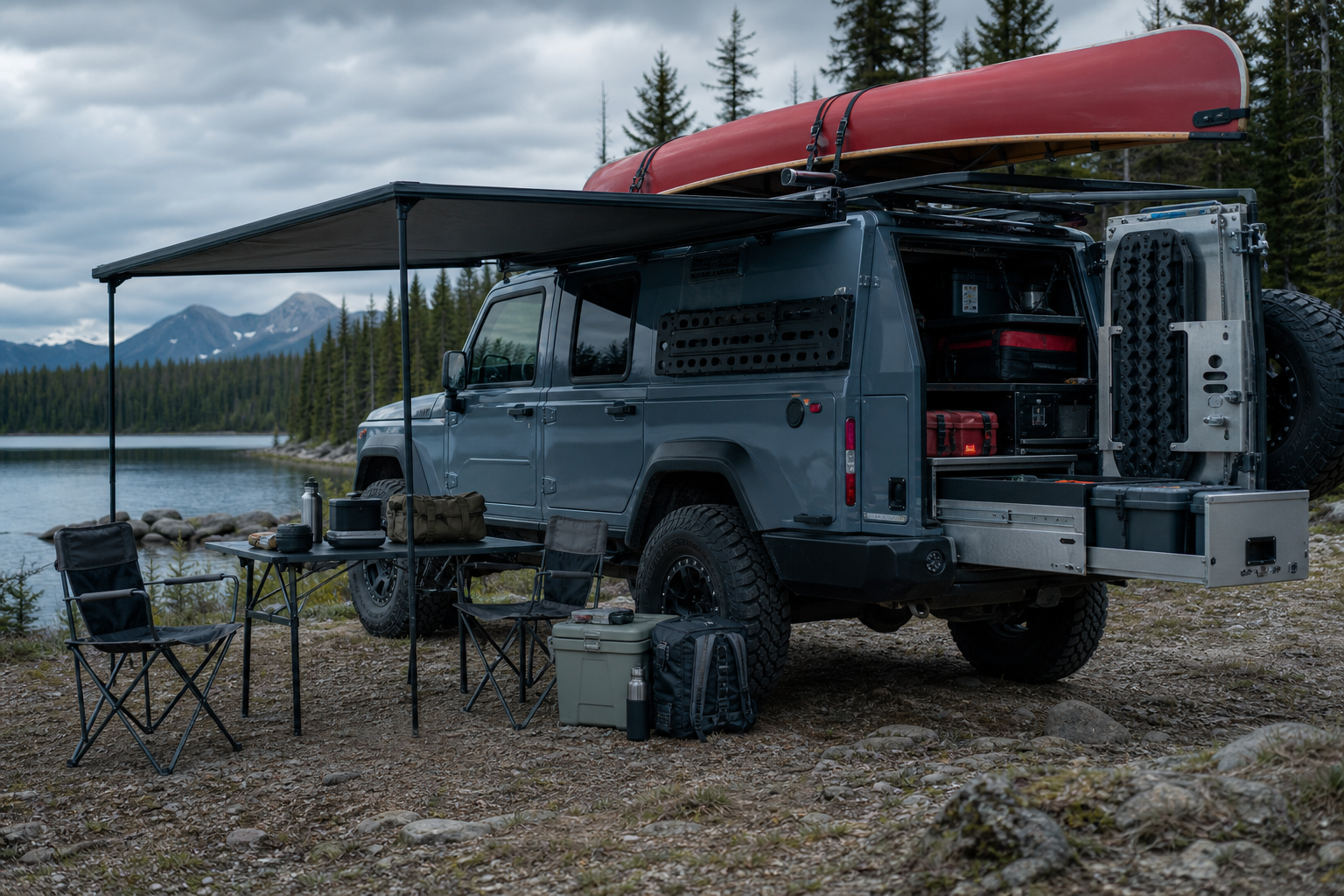Panoramic strip showing canoe carry racks, side awnings, field tables, integrated drawer storage, aluminum utility hardware, and premium camping equipment with expedition vehicles
