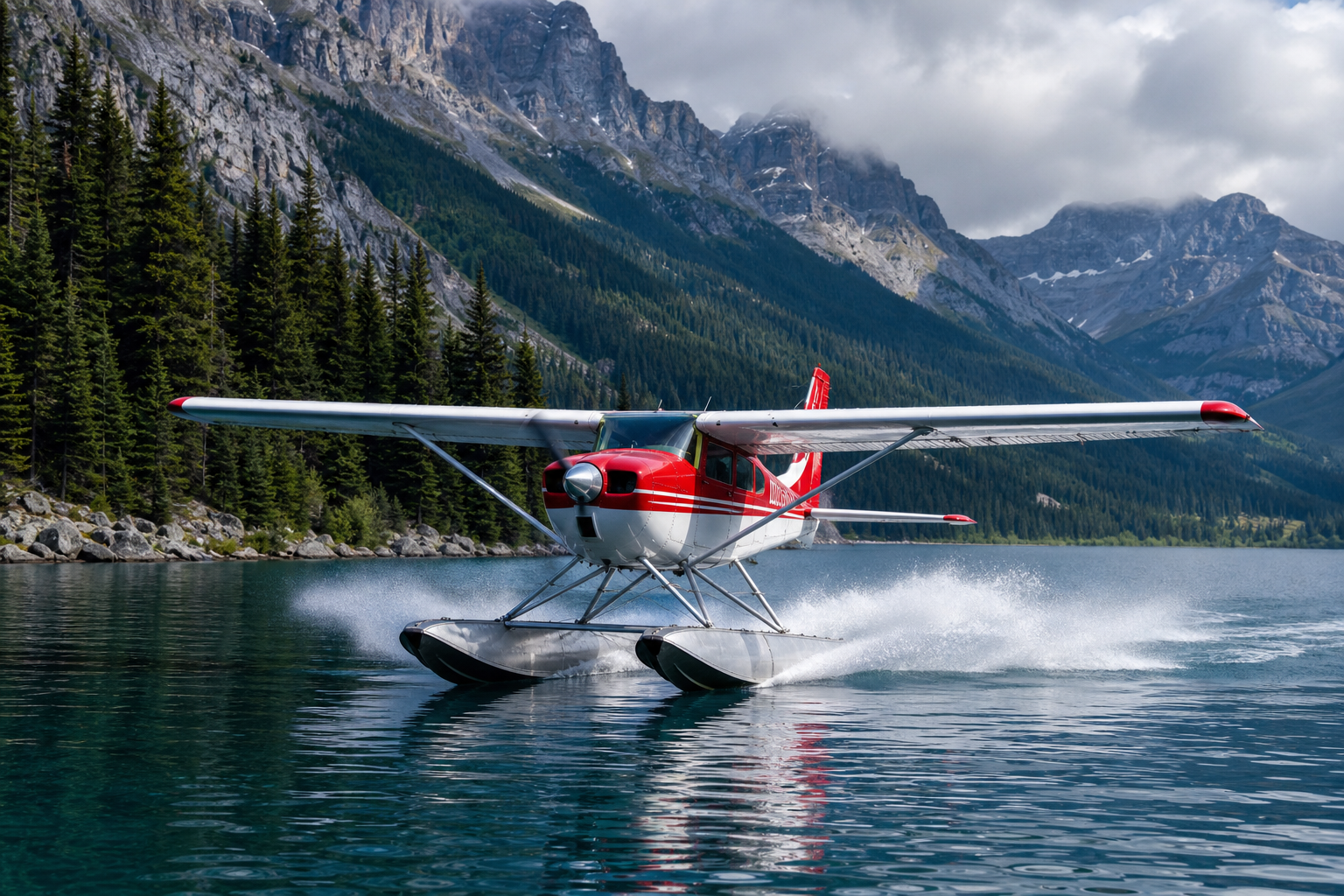 Photorealistic red-and-white floatplane touching down on an alpine lake with evergreen slopes in Canada