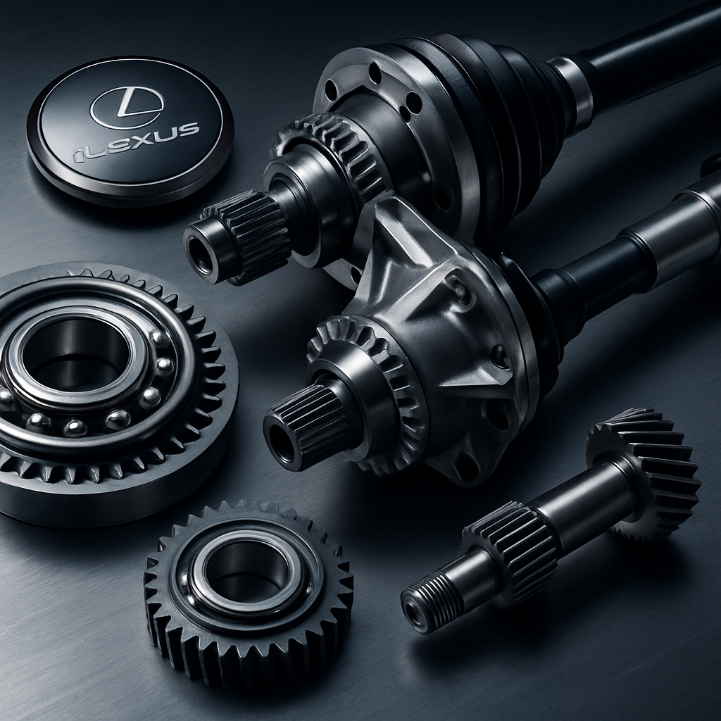 Minimalist display of genuine Lexus parts and tools arranged on a brushed metal workbench with refined lighting
