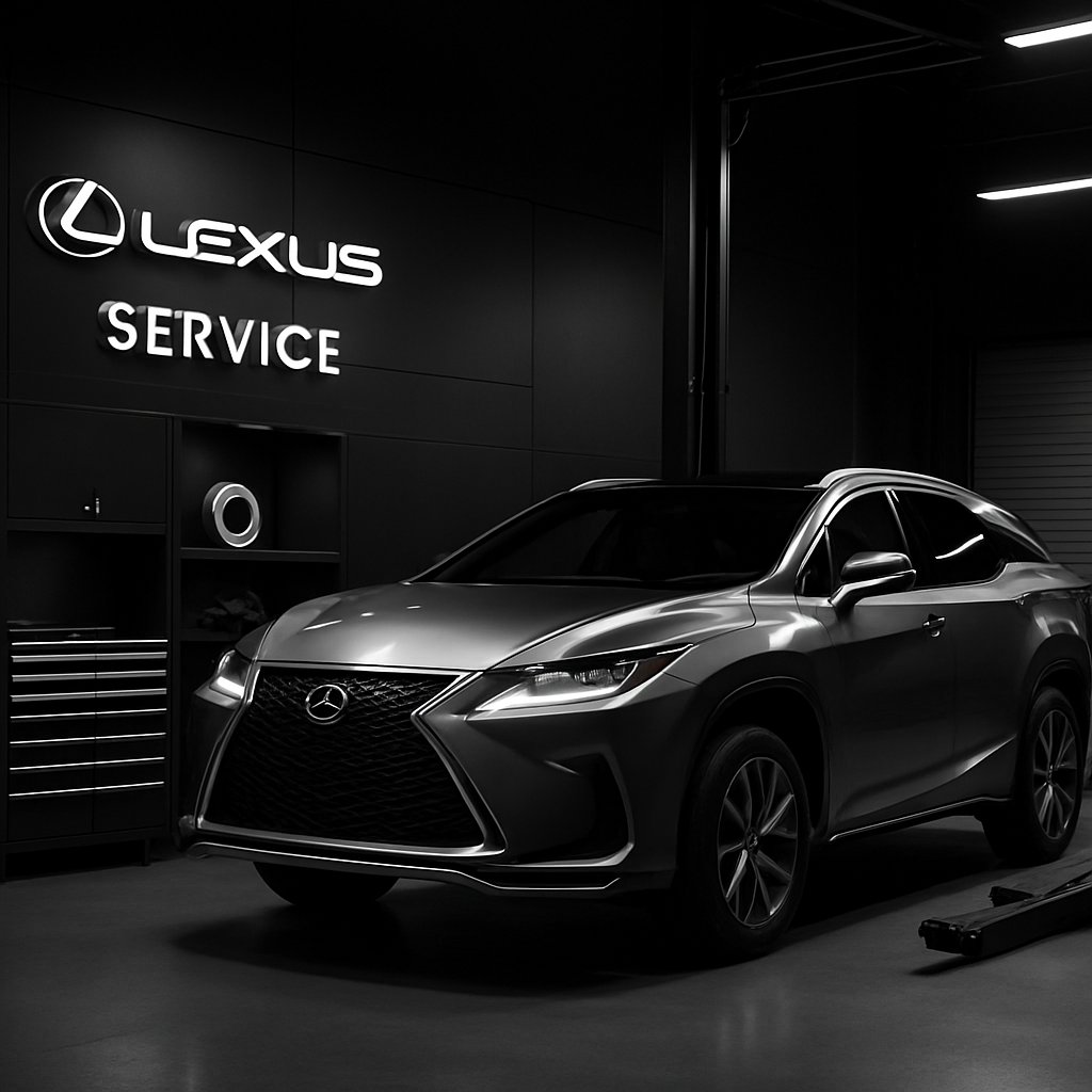 Minimalist display of genuine Lexus parts and tools arranged on a brushed metal workbench with refined lighting