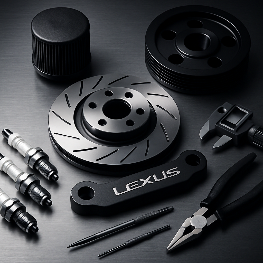 Minimalist display of genuine Lexus parts and tools arranged on a brushed metal workbench with refined lighting