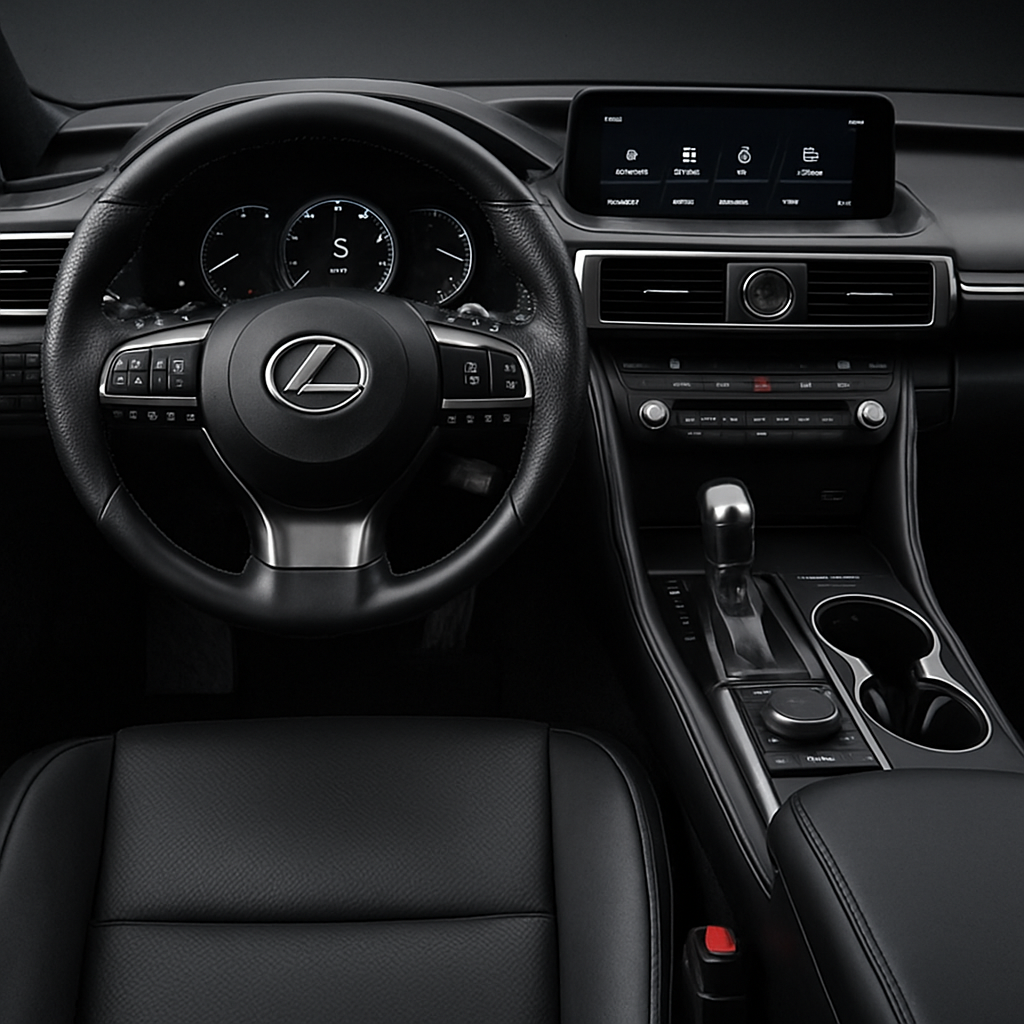 Luxury Lexus cabin with black leather seats, brushed metal accents, and a soft ambient glow