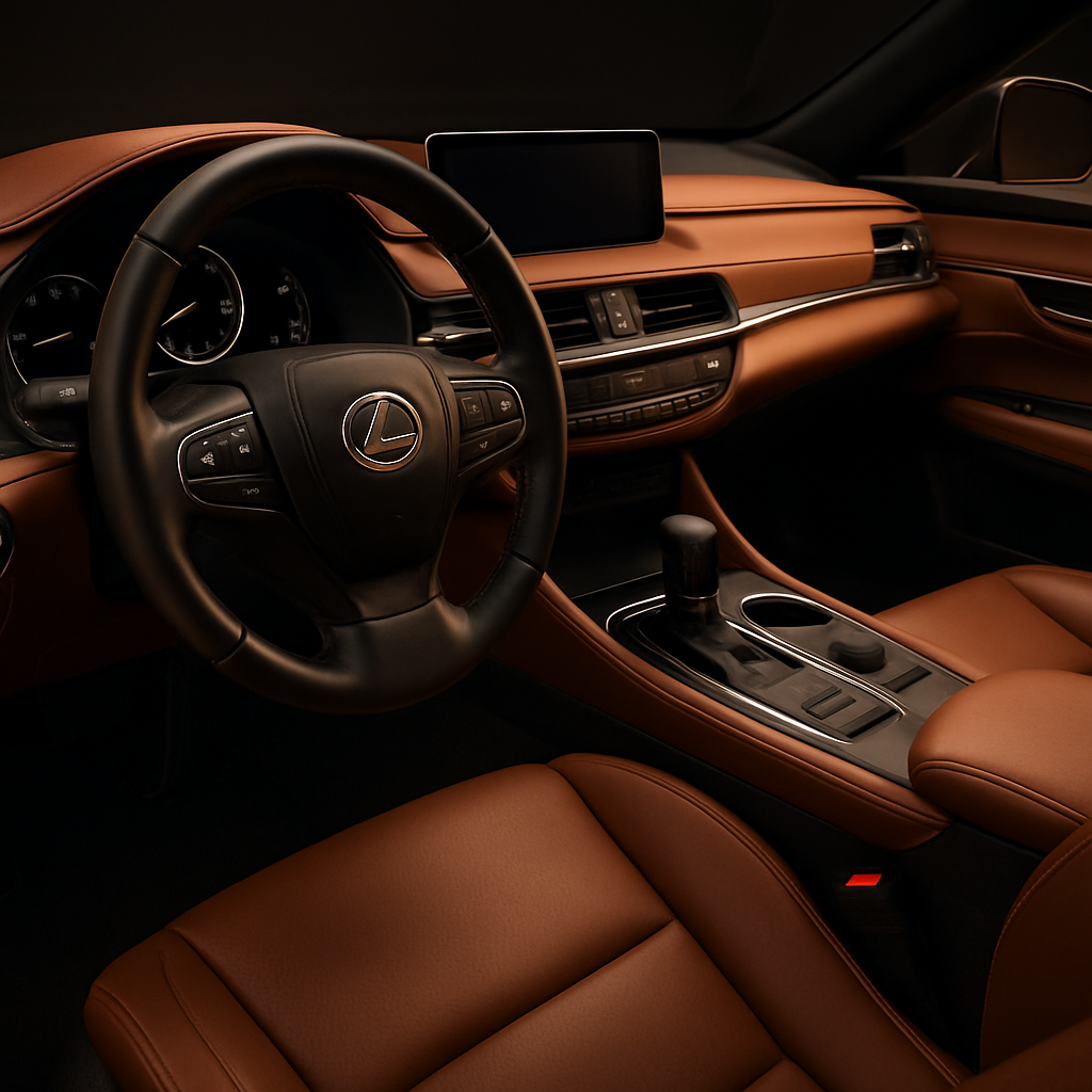 Luxury Lexus cabin with black leather seats, brushed metal accents, and a soft ambient glow