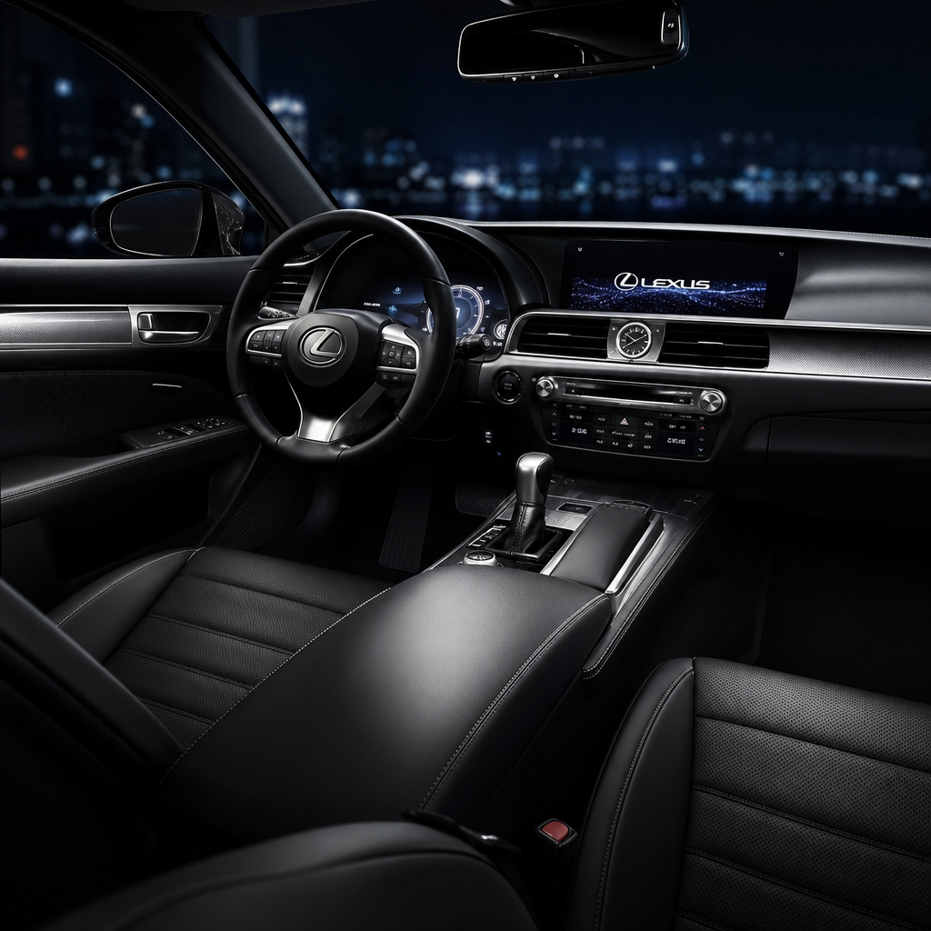 Luxury Lexus cabin with black leather seats, brushed metal accents, and a soft ambient glow