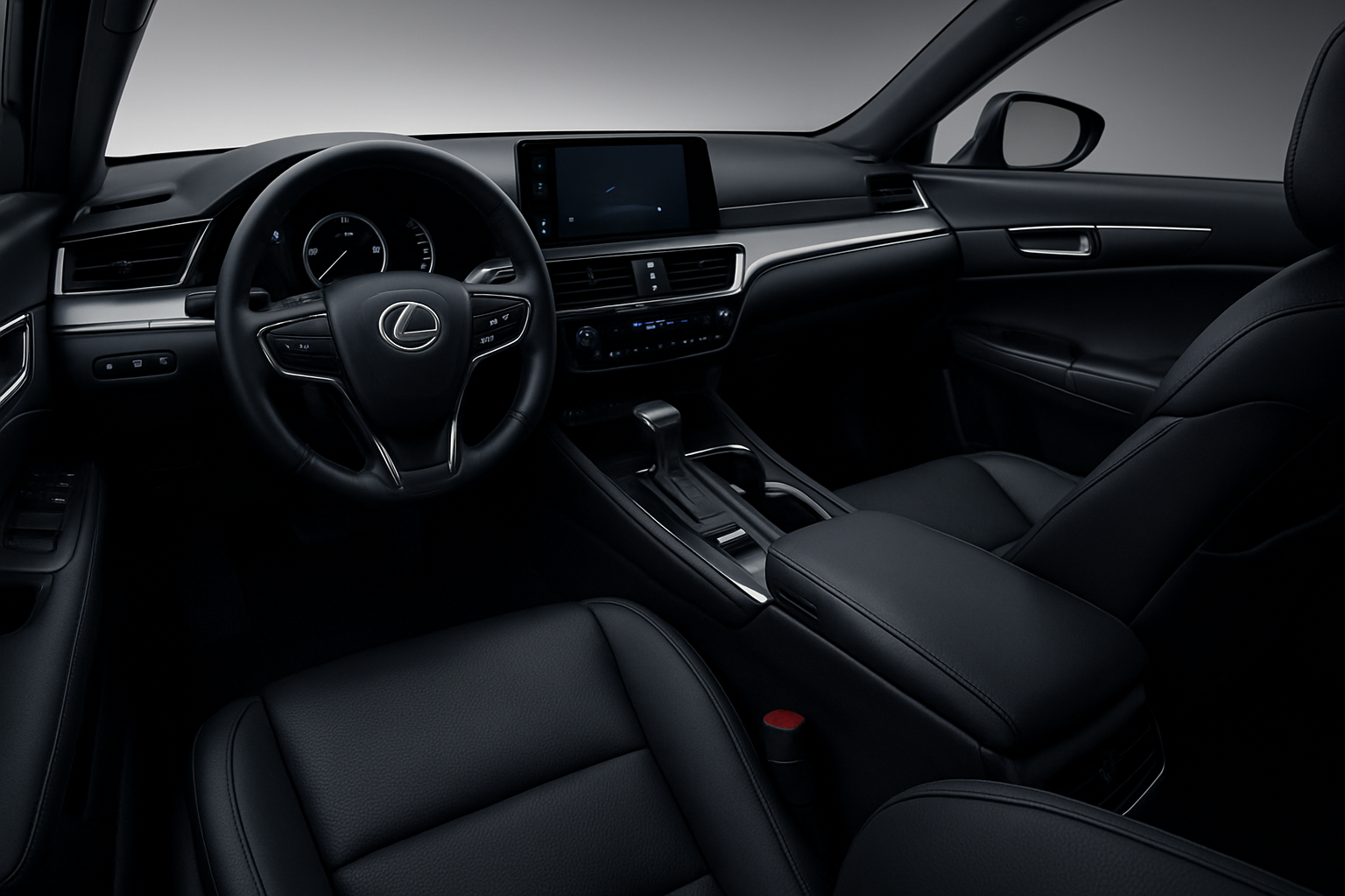 Luxury Lexus cabin with black leather seats, brushed metal accents, and a soft ambient glow
