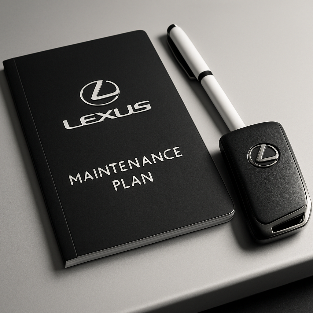 close-up of a Lexus maintenance plan booklet and key fob on a sleek silver desk