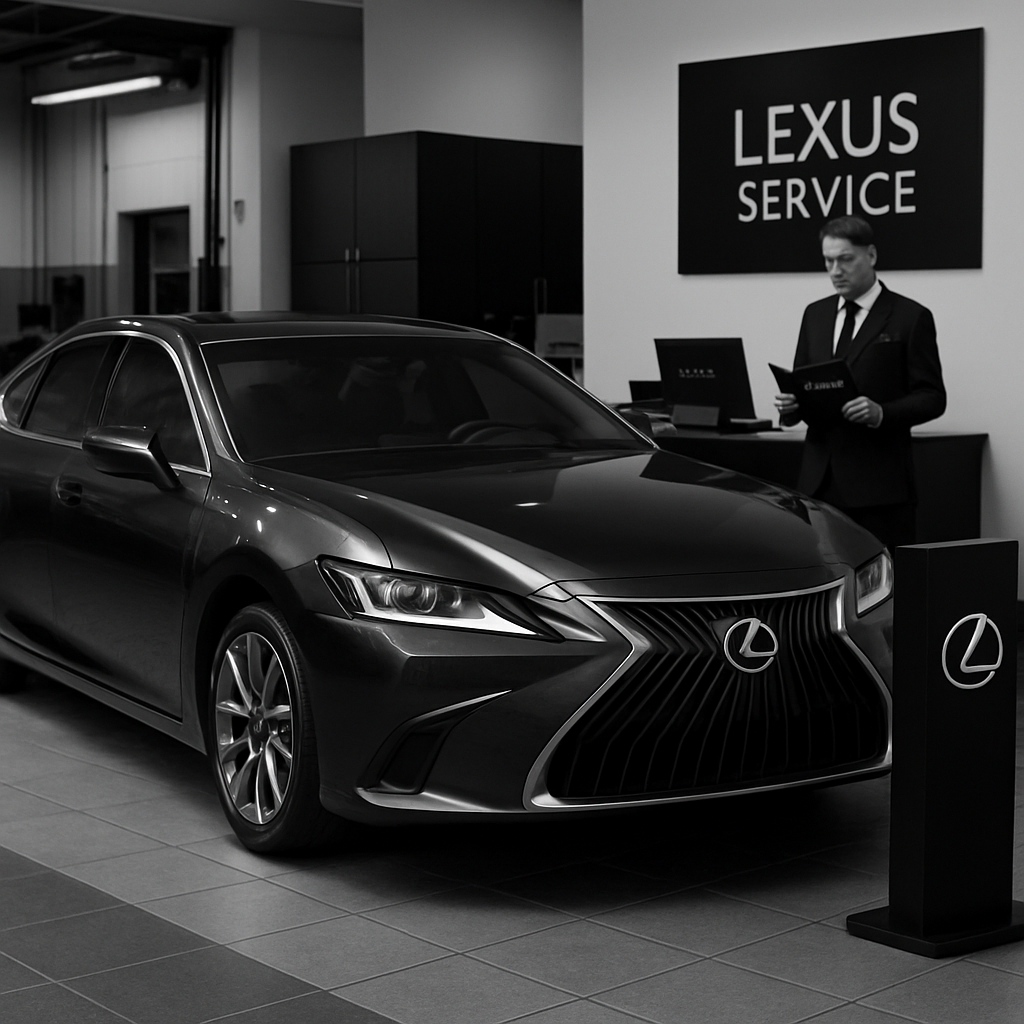 elegant close-up of Lexus maintenance documentation with a metallic key fob on a sleek black desk