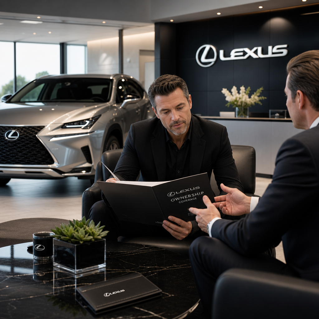 Luxury Lexus ownership lounge in black and silver tones with a client reviewing coverage documents and a premium vehicle visible in the background