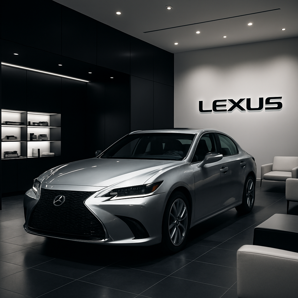 Luxury Lexus ownership lounge in black and silver tones with a client reviewing coverage documents and a premium vehicle visible in the background