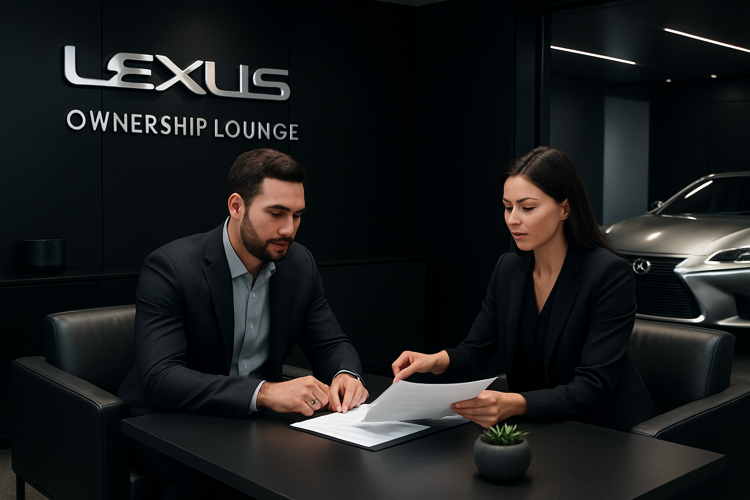 Luxury Lexus ownership lounge in black and silver tones with a client reviewing coverage documents and a premium vehicle visible in the background