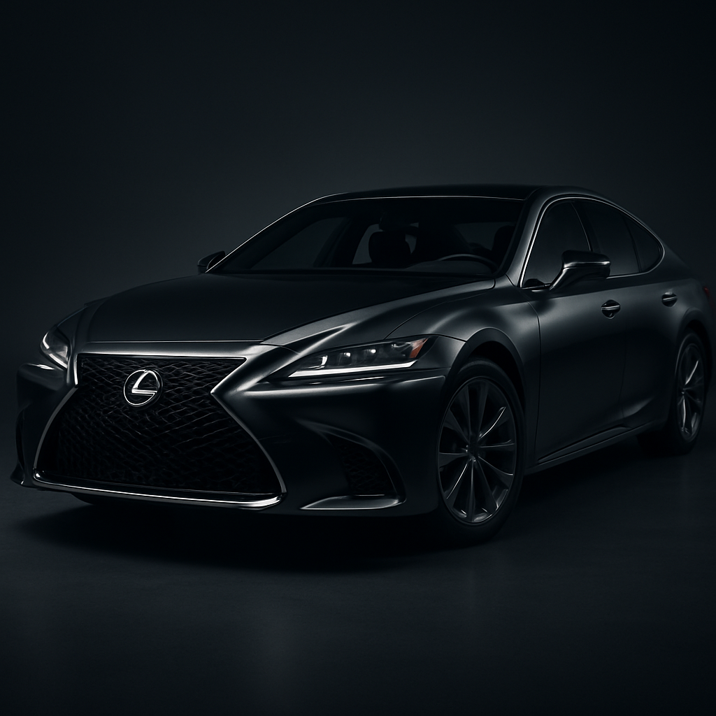 Sleek black luxury sedan with sculpted body lines parked in a minimalist, high-end studio with soft silver lighting