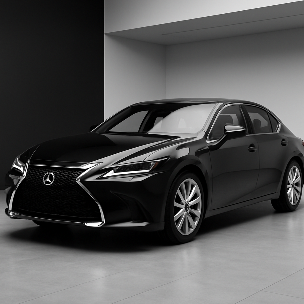 Sleek black luxury sedan with sculpted body lines parked in a minimalist, high-end studio with soft silver lighting