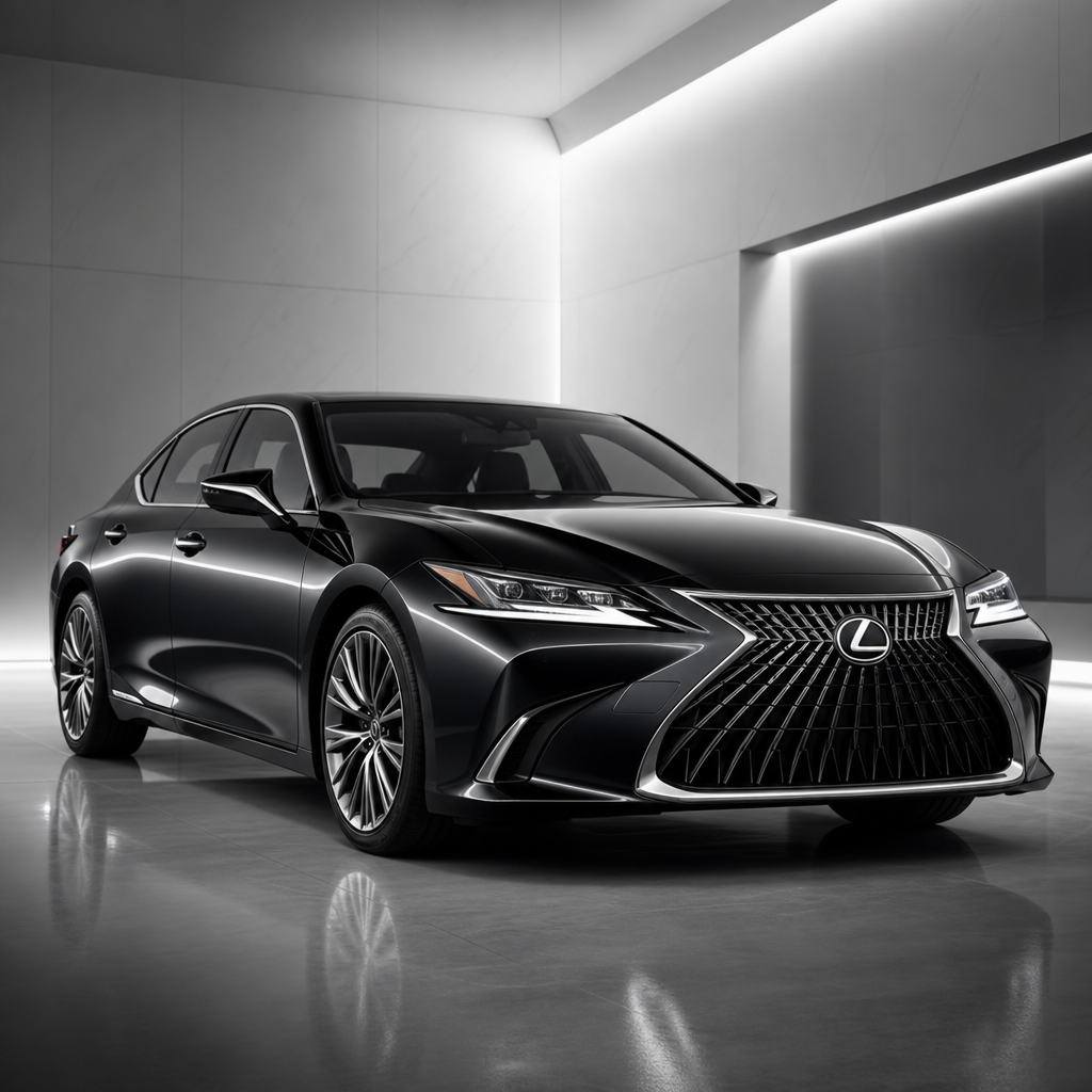 Sleek black luxury sedan with sculpted body lines parked in a minimalist, high-end studio with soft silver lighting