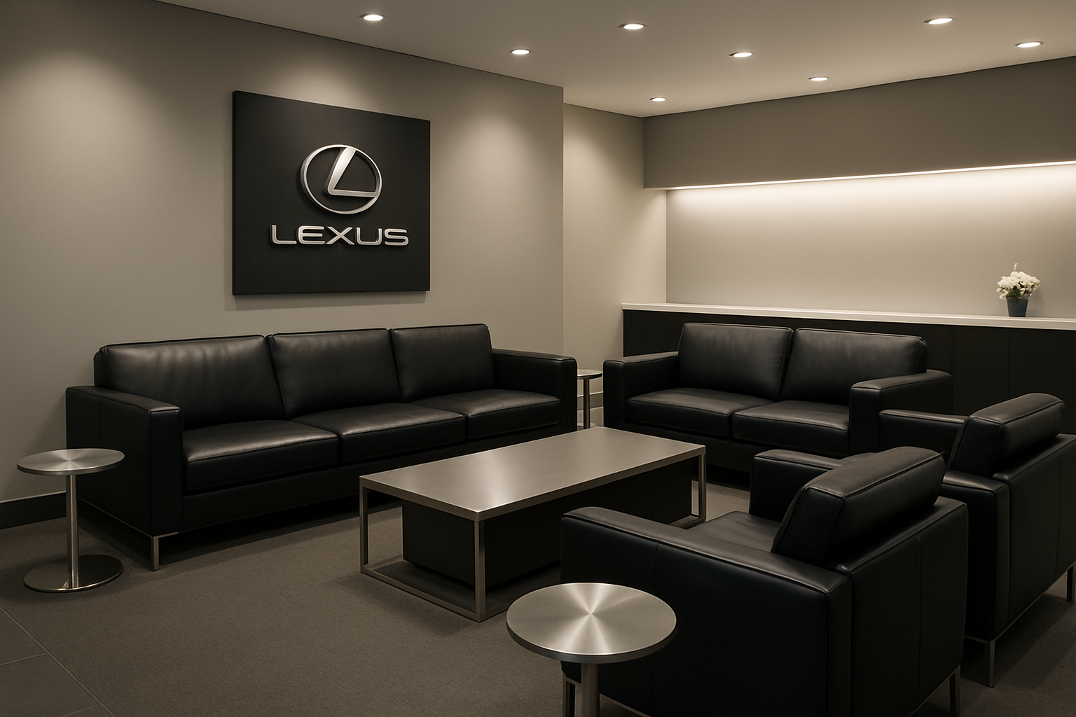 modern Lexus service lounge with black leather seating, silver accents, and soft ambient lighting