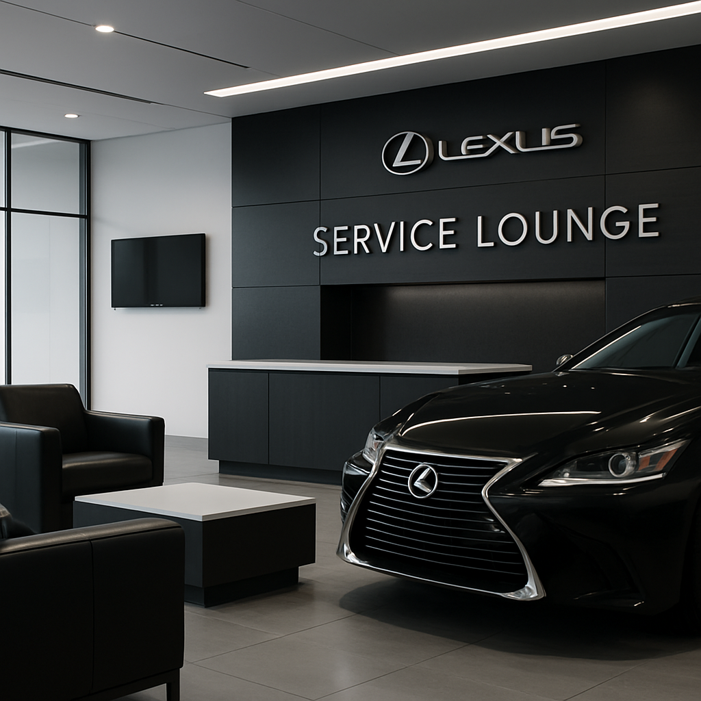 luxury Lexus service lounge with black leather seating, brushed metal accents, and soft ambient lighting