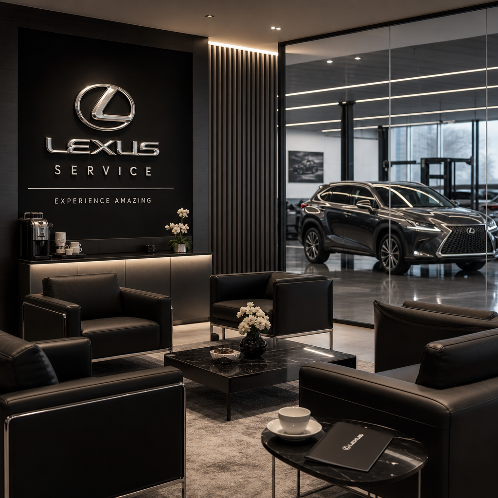 luxury Lexus service lounge with black leather seating, brushed metal accents, and soft ambient lighting