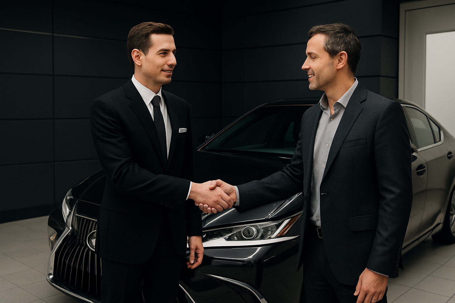 Lexus service advisor greeting an owner beside a polished vehicle in a refined dealership delivery space