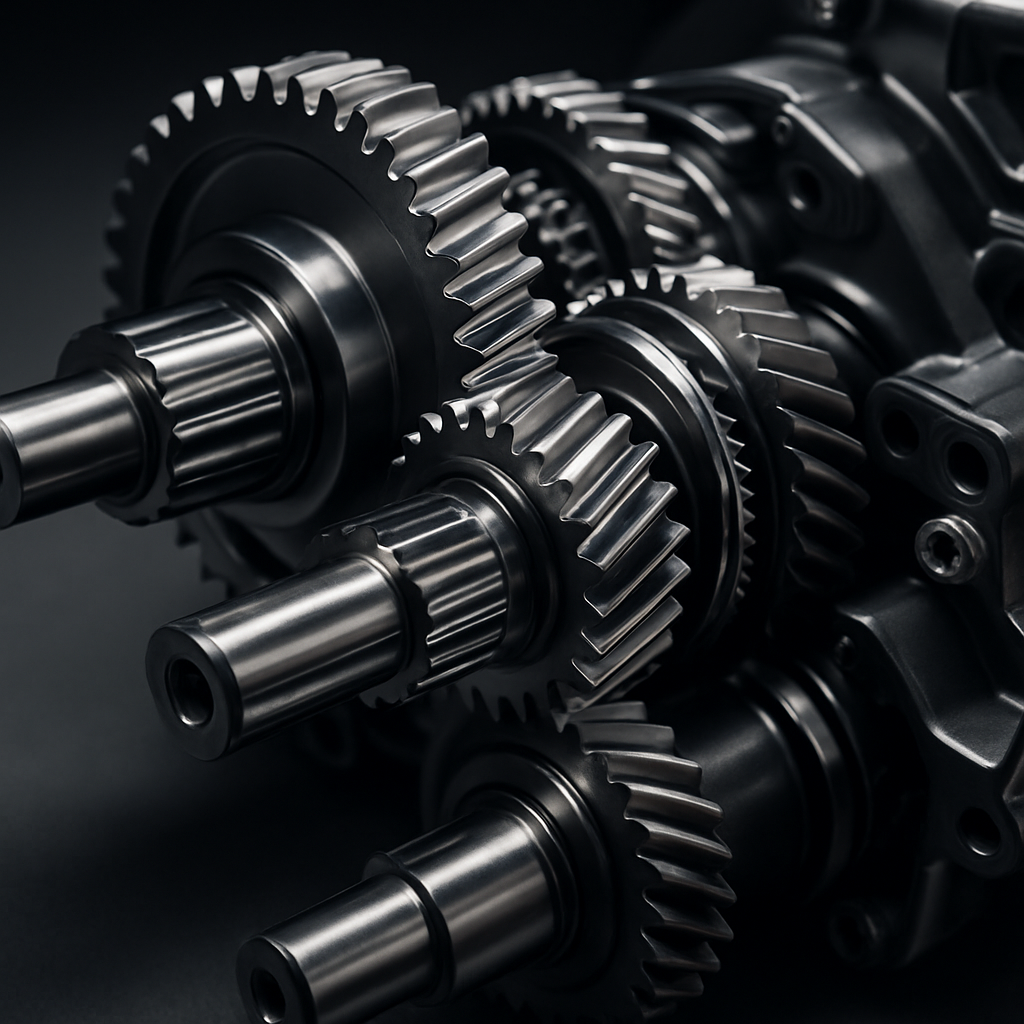 macro view of precision-engineered metallic components and gears with refined silver finishes