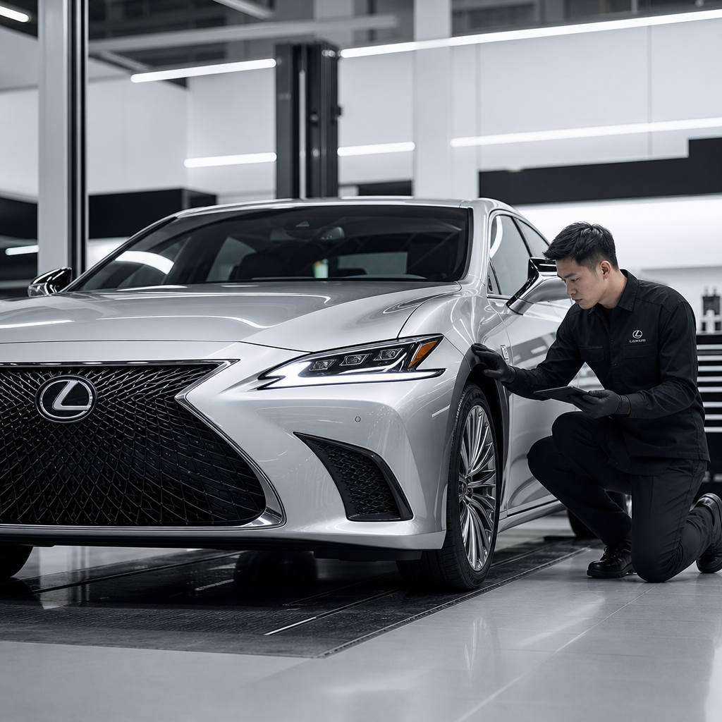 close-up of a Lexus sedan in a pristine service bay with a technician inspecting polished bodywork