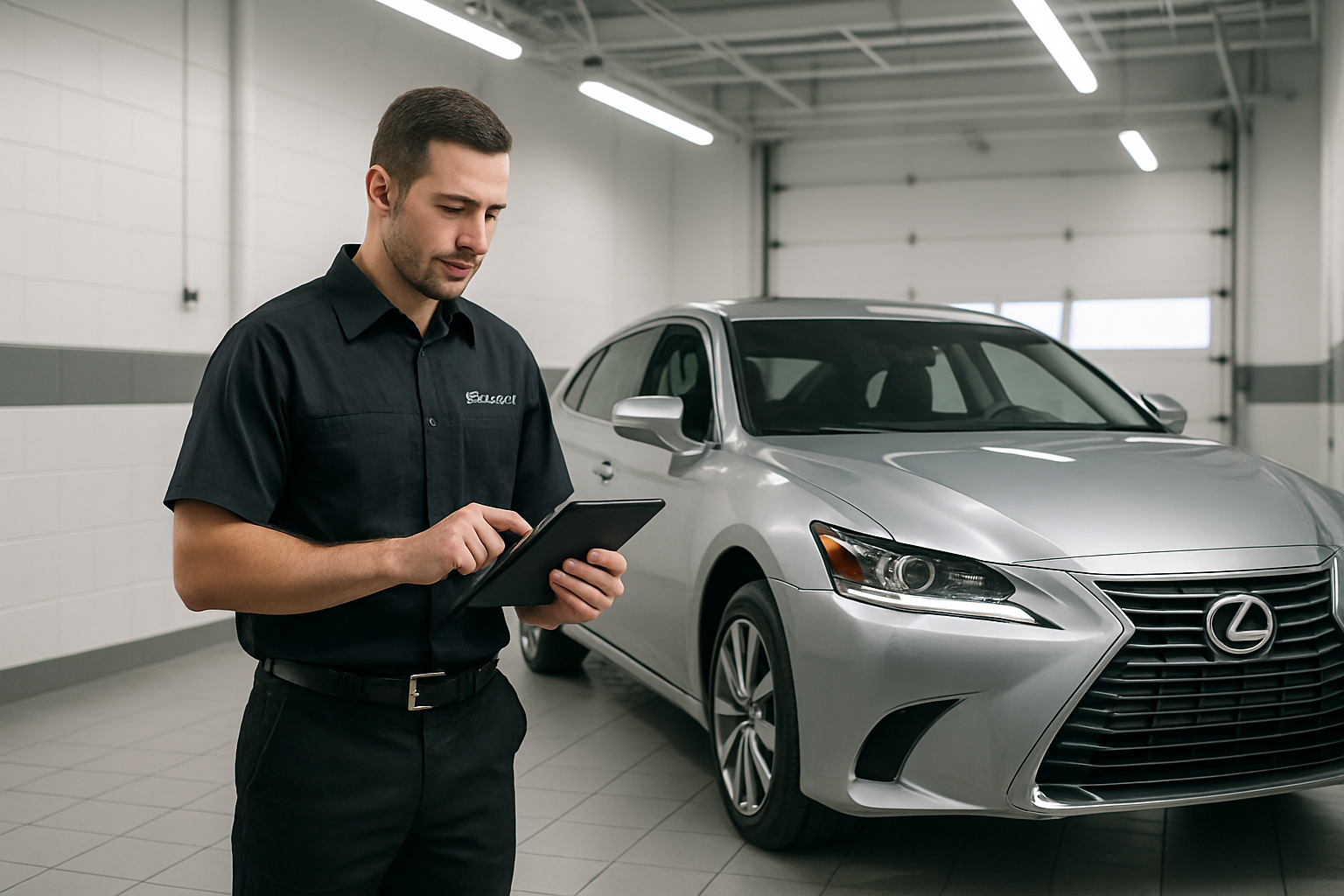 factory-trained Lexus technician inspecting a silver sedan in a bright, pristine service bay