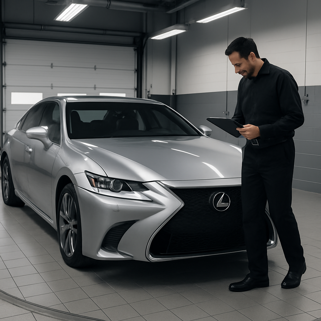 close-up of a Lexus sedan in a pristine service bay with a technician inspecting polished bodywork