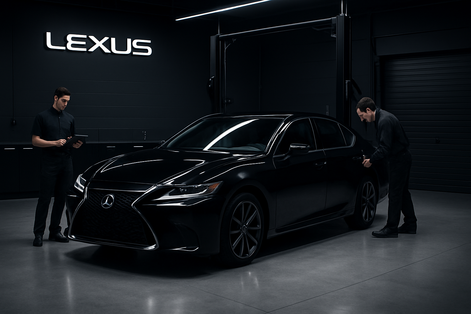 Elegant Lexus service bay with a luxury sedan under soft studio lighting, technicians in premium uniforms, and a clean monochrome environment