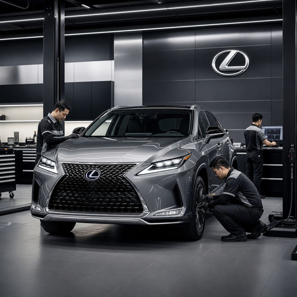 Elegant Lexus service bay with a luxury sedan under soft studio lighting, technicians in premium uniforms, and a clean monochrome environment