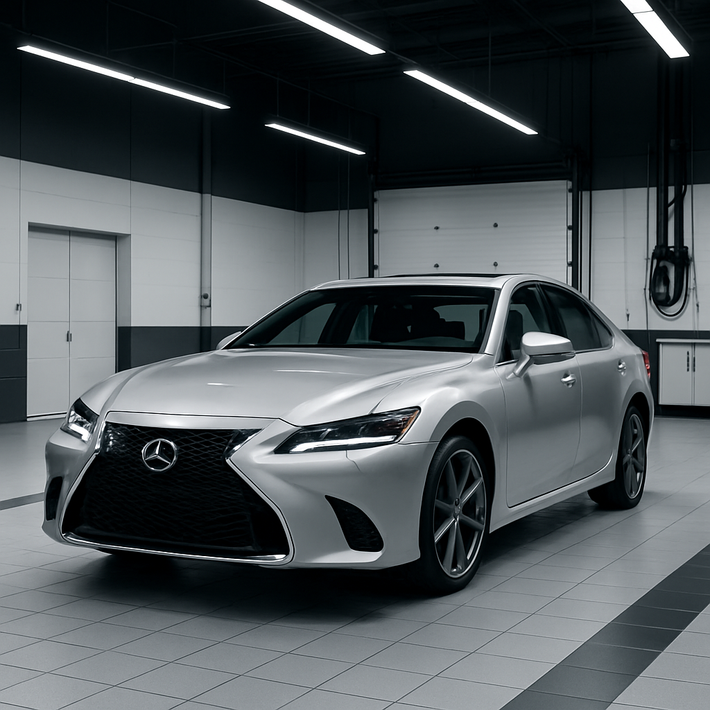 Elegant Lexus service bay with a luxury sedan under soft studio lighting, technicians in premium uniforms, and a clean monochrome environment