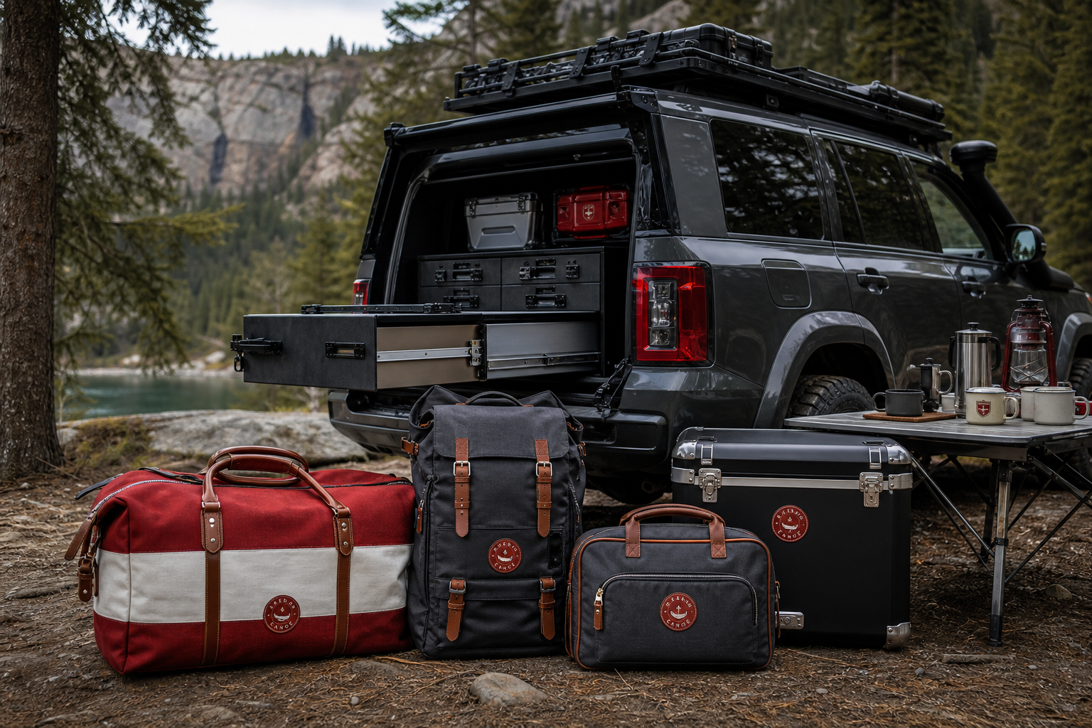 Coordinated Red Canoe expedition luggage staged beside a premium adventure vehicle in a Canadian forest camp with roof rack and organized cargo systems