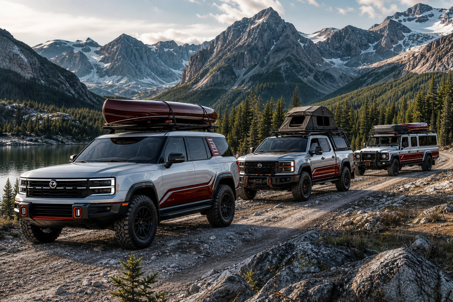 Photorealistic unofficial RED CANOE DESIGN CONCEPT convoy of off-road vehicles crossing an alpine route with roof tents, canoes, and premium expedition equipment