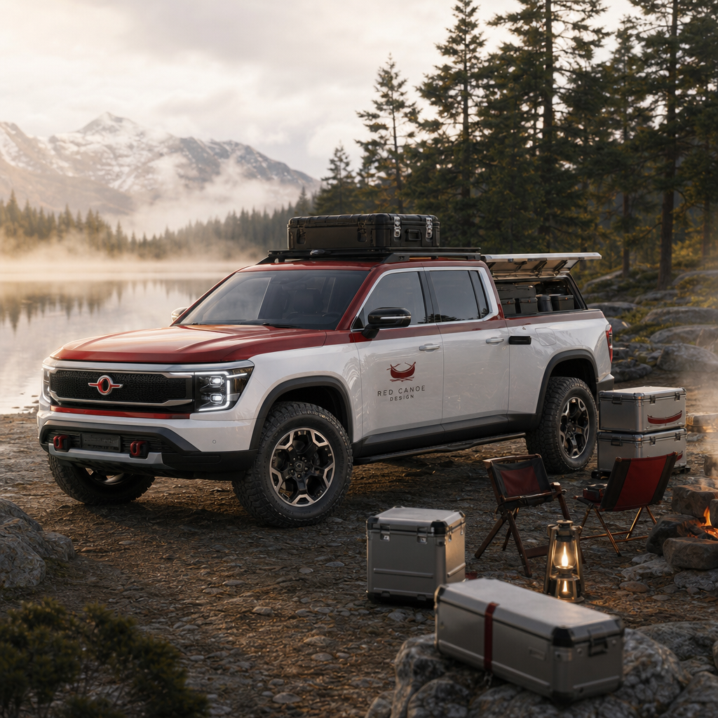 Photorealistic unofficial RED CANOE DESIGN CONCEPT pickup at a lakeside camp with warm lantern lighting, modular luggage crates, and premium outdoor gear