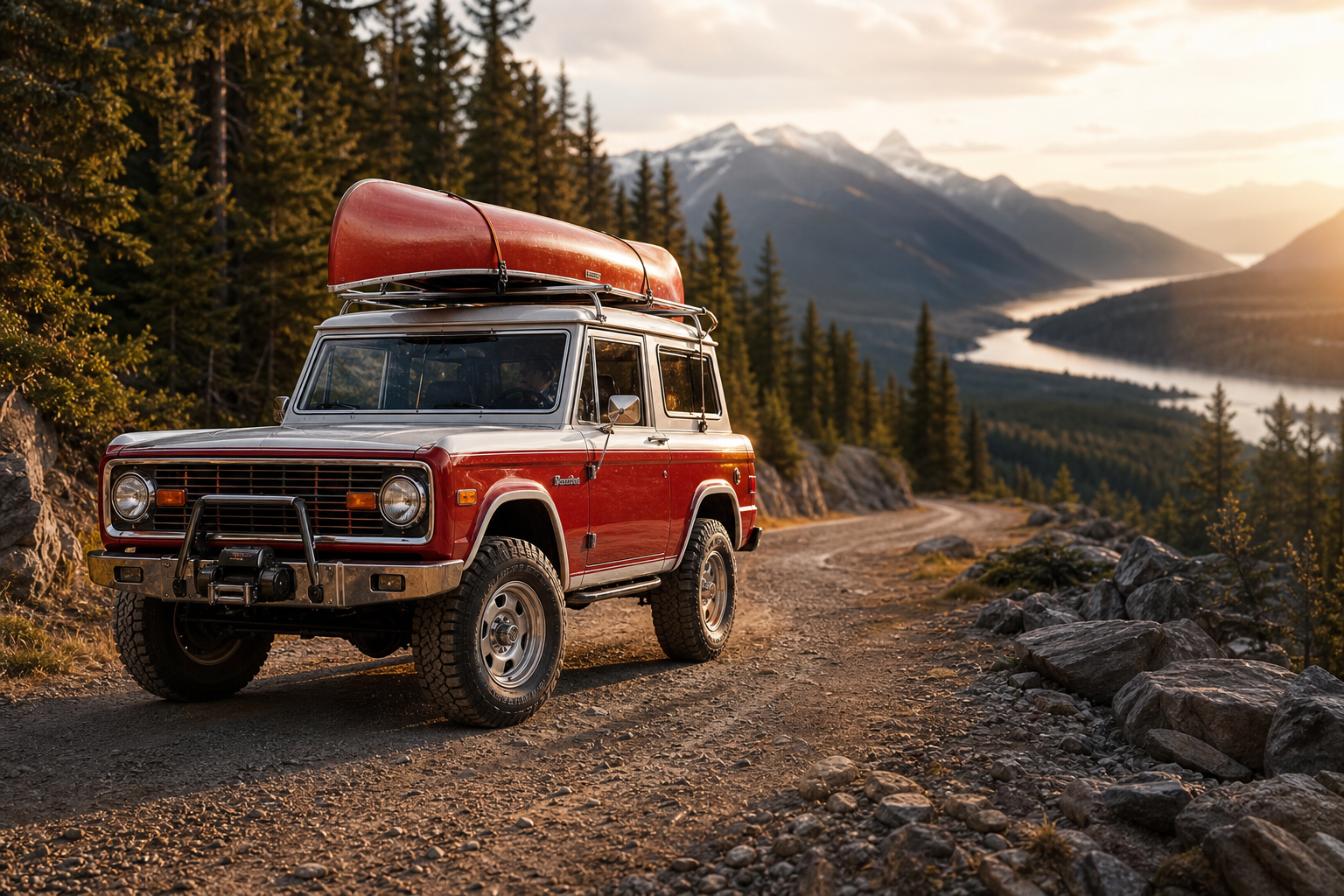 Photorealistic unofficial RED CANOE DESIGN CONCEPT heritage red-and-white expedition SUV on a Canadian forest gravel pass with aluminum roof system and canoe mounts