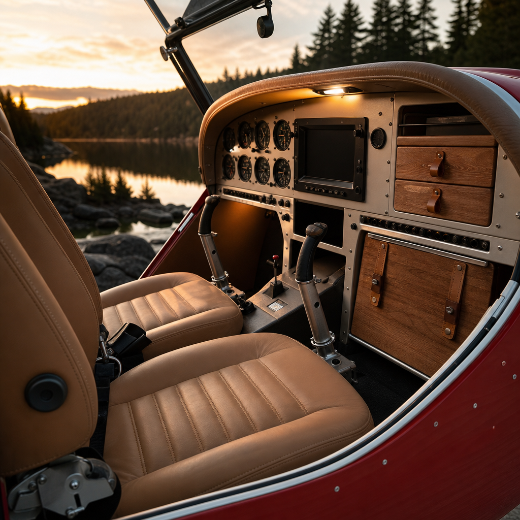 Photorealistic unofficial RED CANOE DESIGN CONCEPT interior with stitched leather seats, brushed metal controls, and wood utility trim under warm cabin light