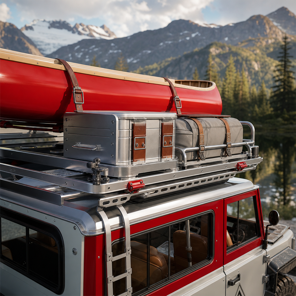 Photorealistic unofficial RED CANOE DESIGN CONCEPT utility roof system close-up with red-and-white paint finish, aluminum rails, and integrated cargo for wilderness travel