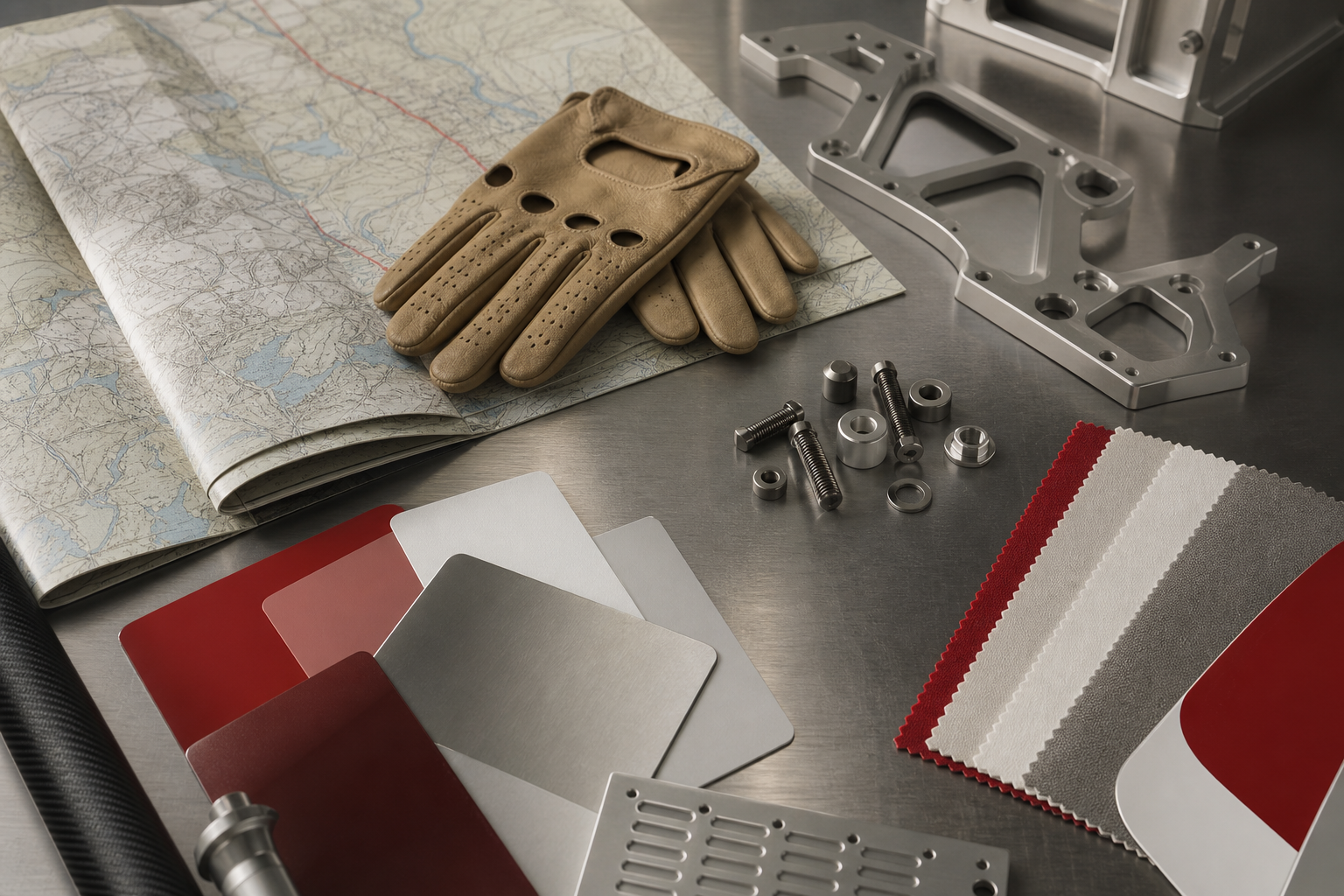 Premium still life composition of aviation maps, leather driving gloves, machined aluminum hardware, and red-and-white material swatches on a studio table