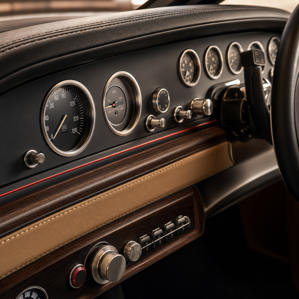 Close detail of premium dashboard with brushed aluminum controls, wood trim, stitched leather paneling, and subtle heritage red line accents