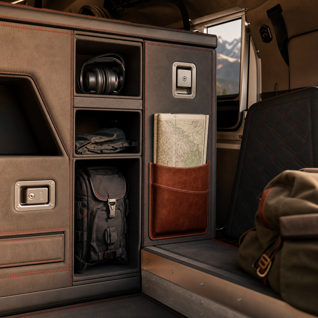 Close detail of expedition cabin storage with leather map pockets, modular compartments, red stitched seams, and premium finishing materials