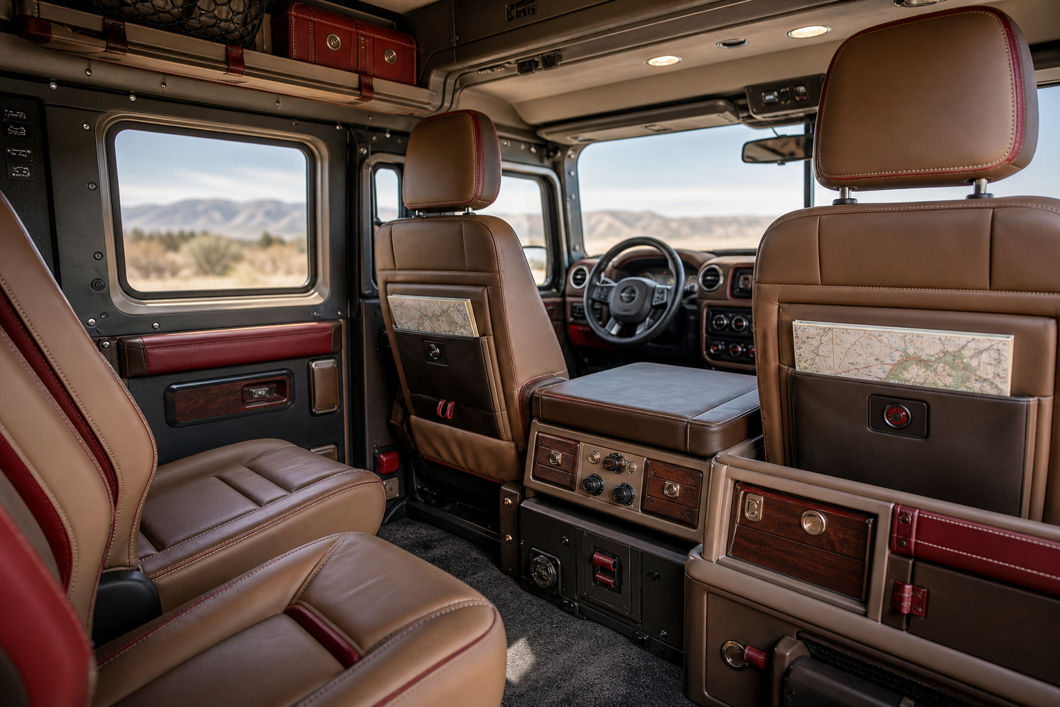 Photoreal premium adventure cabin with heritage red accents, warm tan upholstery, stitched seats, refined dashboard treatment, and integrated expedition storage