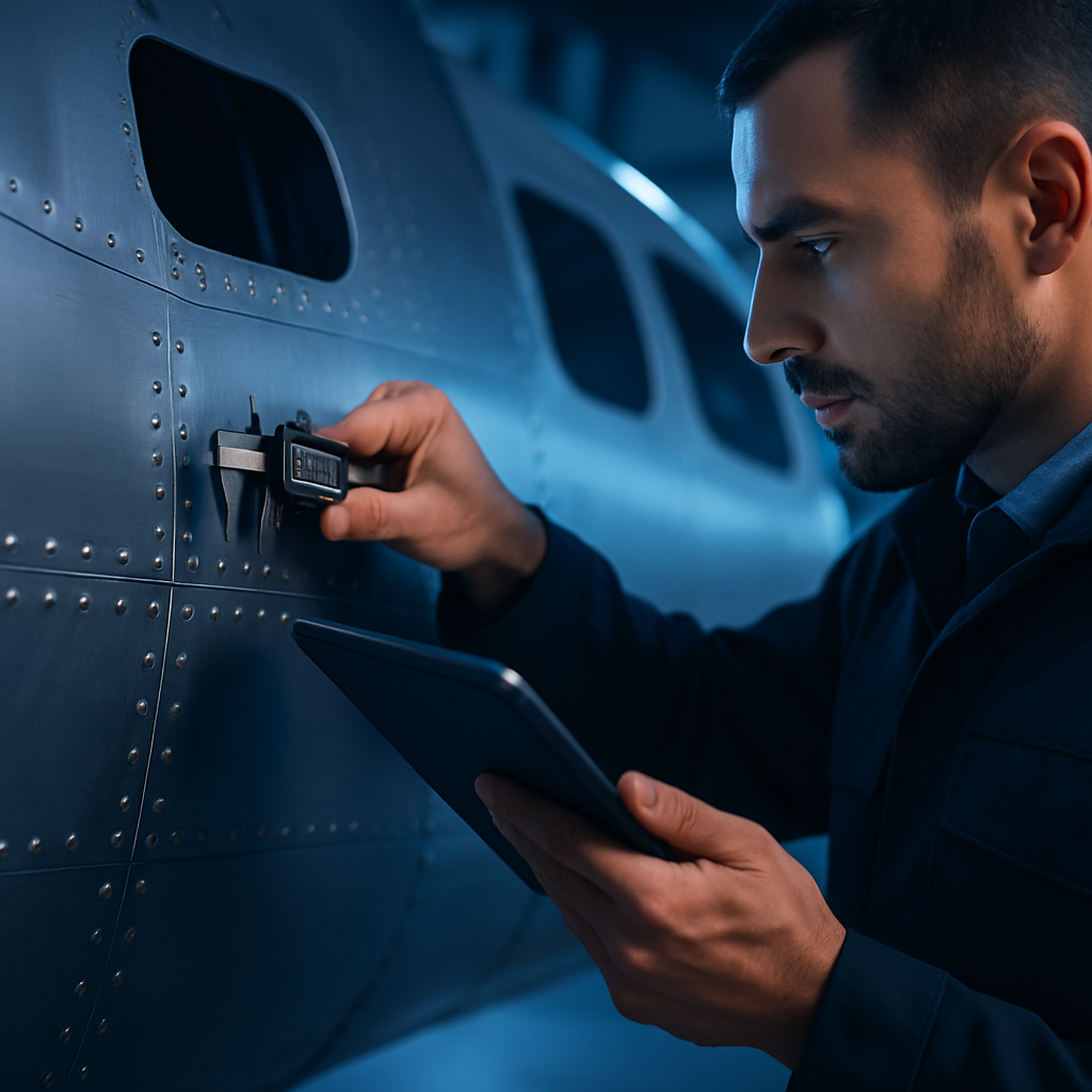 Close-up of a technician inspecting a metallic aircraft fuselage panel with digital measurement tools and blue ambient lighting